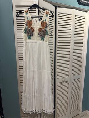 Embroidered White Maxi Dress with Floral Accents
